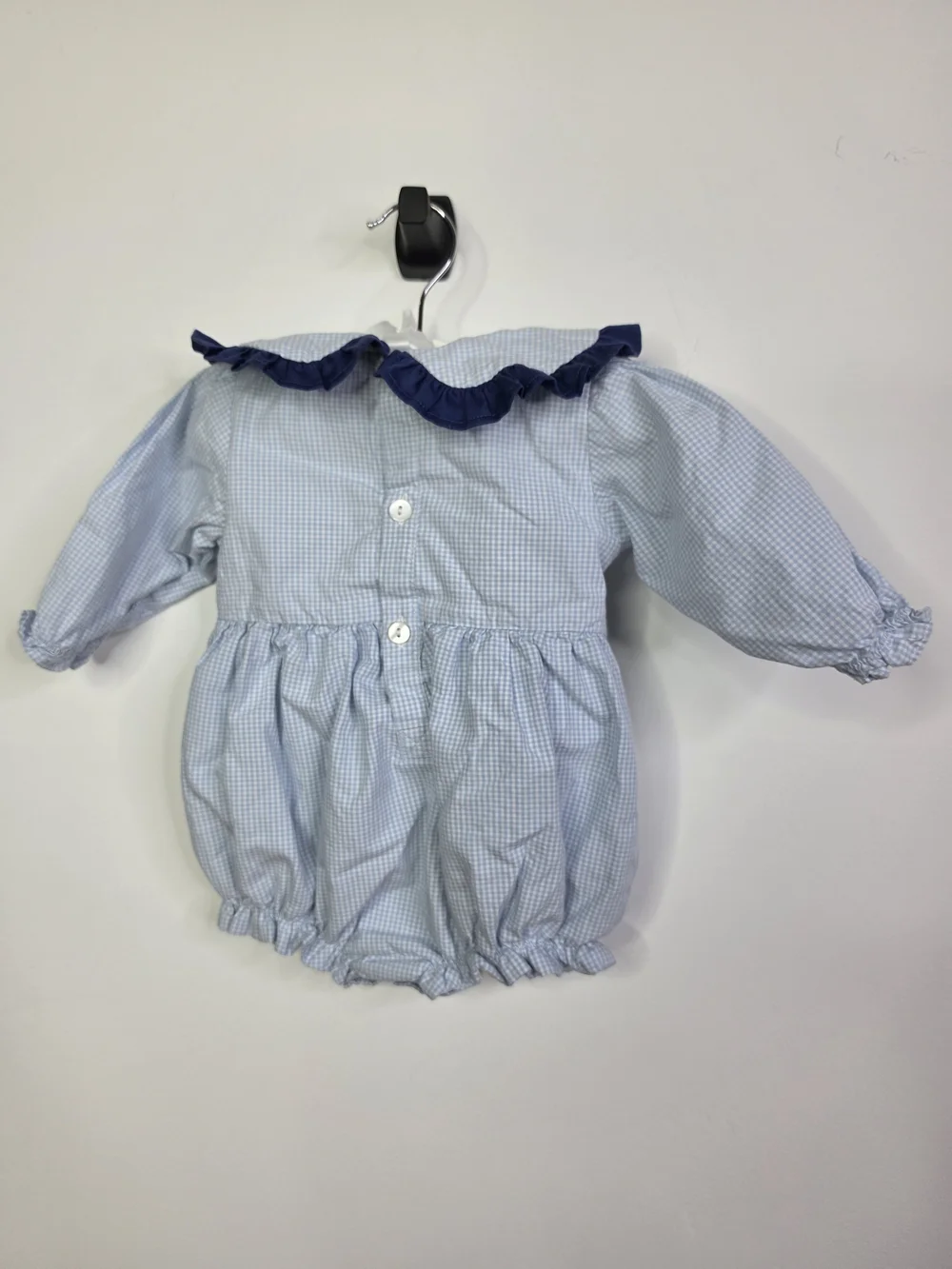 Classic Blue Gingham Baby One-Piece with Navy Bow, 6M